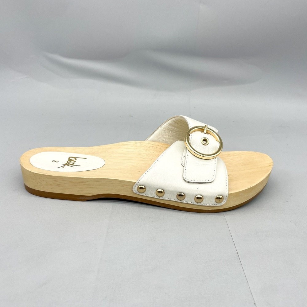 BeekWomens 8 Woodstar Clog Sandals White Leather Gold Buckle Slide Boho Coastal - Picture 2 of 12